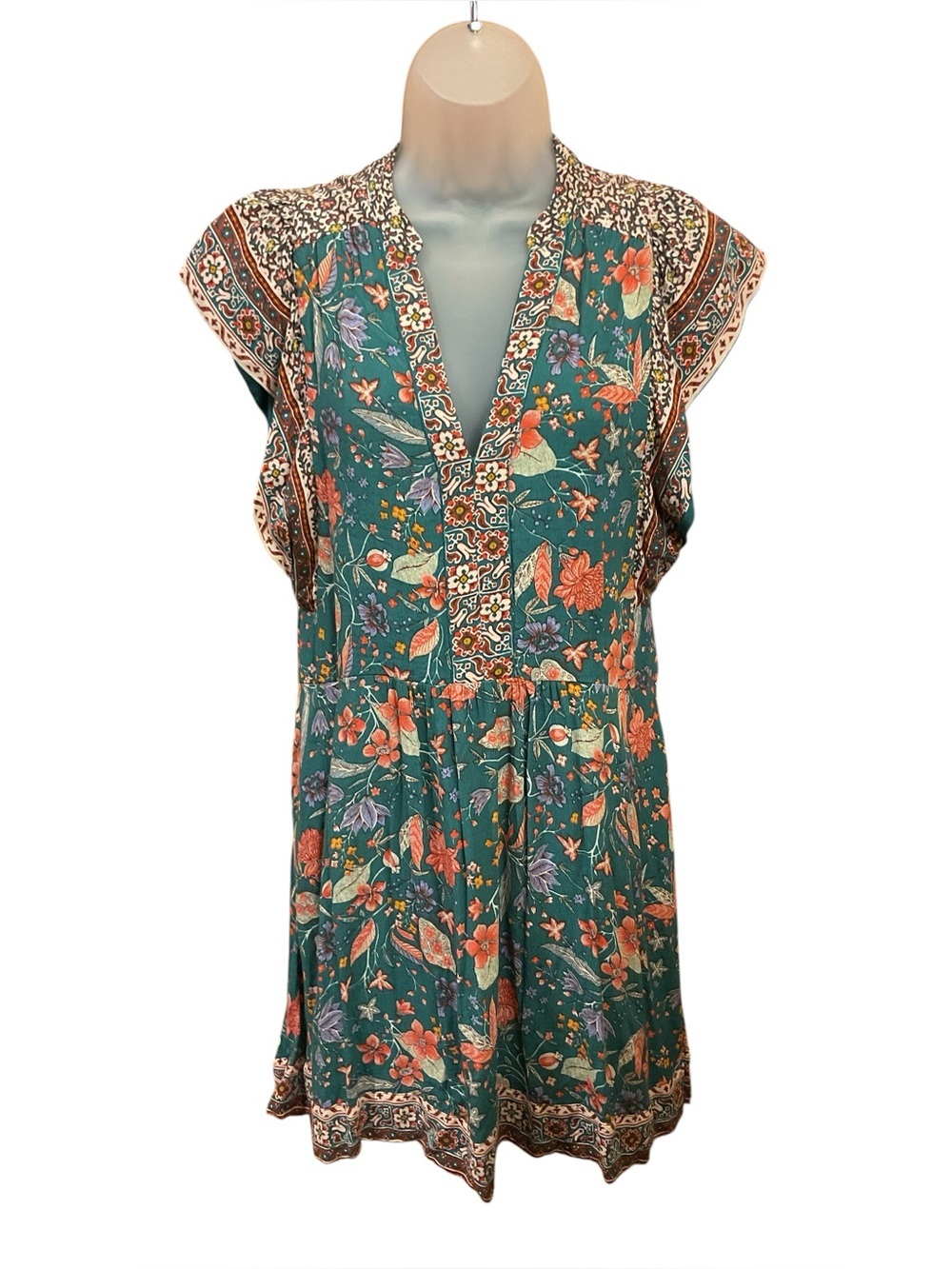 Anthropologie Zenia Floral Dark Teal V-Neck Flutter Sleeve Mini Dress Size XS - Picture 2 of 8